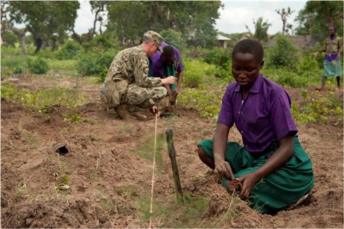 MAGARINI DISTRICT, Kenya - A Kenyan youth finishes planting a Casuarina tree at the Mjanaheri Primary School in celebration of World Environment Day June 5, 2012. Maritime Civil Affairs Team 112, Combined Joint Task Force - Horn of Africa, and other organizations planted nearly 600 Casuarina tree seedlings at the school in celebration of World Environment Day. (U.S. Air Force photo by Staff Sergeant Andrew Caya)