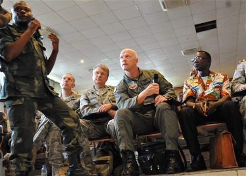 KINSHASA, Democratic Republic of the Congo - A Congolese translator (left) interprets a question from Colonel Joe Maslar (center), Chief of Aerospace Medicine for the Illinois National Guard's 182nd Airlift Wing, during Congolese-led training on tuberculosis at the Centre Superior Militiare Academy in Kinshasa, Democratic Republic of the Congo (DRC) April 28, 2011, as part of MEDLITE 11. MEDLITE 11 is a joint medical exercise focused on aeromedical evacuation, to improve the readiness of U.S. Air Force and DRC personnel. (U.S. Air Force photo by Technical Sergeant John Orrell)