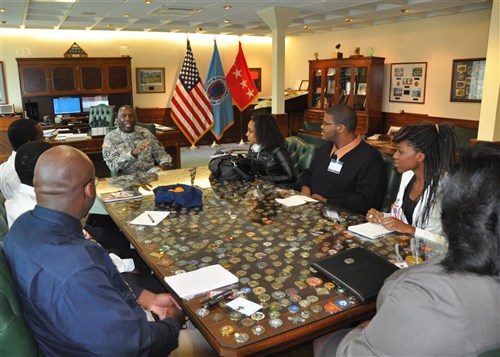 STUTTGART, Germany - General William E. Ward, commander of U.S. Africa Command, meets with students from three U.S. universities who are working as interns on engineering projects in Wiesbaden, Germany from June until August 2010 as part of the "Advancing Minorities Interest in Engineering"  (AMIE) program. The interns are working with project managers in Wiesbaden on project management, programs management, installation support, environmental, and construction. During a visit to Stuttgart, the students attended an office call with General Ward and are scheduled to visit Ward's residence later in the evening for a social.  AMIE is a non-profit organization which supports programs to attract, educate, graduate, and place underrepresented minority students in engineering careers. (U.S. AFRICOM photo by Danielle Skinner)