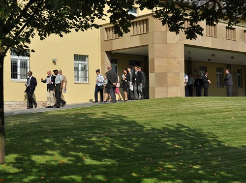 STUTTGART, Germany - General William E. Ward, commander of U.S Africa Command, leads a group of visitors from the headquarters building at Kelley Barracks in Stuttgart, Germany, during an open house September 10, 2009. More than 100 German regional civic and business leaders visited Kelley Barracks. The event gave members of the greater Stuttgart community a chance to gain a better understanding of U.S. Africa Command and its mission. (Photo by Petty Officer 1st Class Daniel P. Lapierre, U.S. Africa Command) 