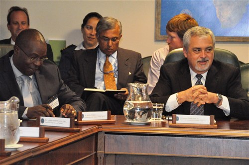 AFRICOM hosts a delegation from the East African Community (EAC) to discuss areas of mutual interest and future partnerships, Nov. 6 at Kelley Barracks, U.S. Army Garrison in Stuttgart, Germany.  The EAC is the regional intergovernmental organization of the Republics of Burundi, Kenya, Rwanda, and Uganda and the United Republic of Tanzania, with its headquarters in Arusha, Tanzania.  Amb. Phillip Carter, AFRICOM Deputy to the Commander for Civil-Military Engagements, (seated right) welcomed the delegation, saying, “Your presence here will help re-energize the rapport between the U.S. and the EAC by establishing relationships that will play a key role as we partner with you in the region.” (U.S. Africa Command photo by Brenda Law/Released)