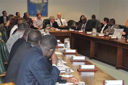 AFRICOM hosts a delegation from the East African Community (EAC) to discuss areas of mutual interest and future partnerships, Nov. 6 at Kelley Barracks, U.S. Army Garrison in Stuttgart, Germany.  The EAC is the regional intergovernmental organization of the Republics of Burundi, Kenya, Rwanda, and Uganda and the United Republic of Tanzania, with its headquarters in Arusha, Tanzania.  Amb. Phillip Carter, AFRICOM Deputy to the Commander for Civil-Military Engagements, welcomed the delegation, saying, “Your presence here will help re-energize the rapport between the U.S. and the EAC by establishing relationships that will play a key role as we partner with you in the region.” (U.S. Africa Command photo by Brenda Law/Released)