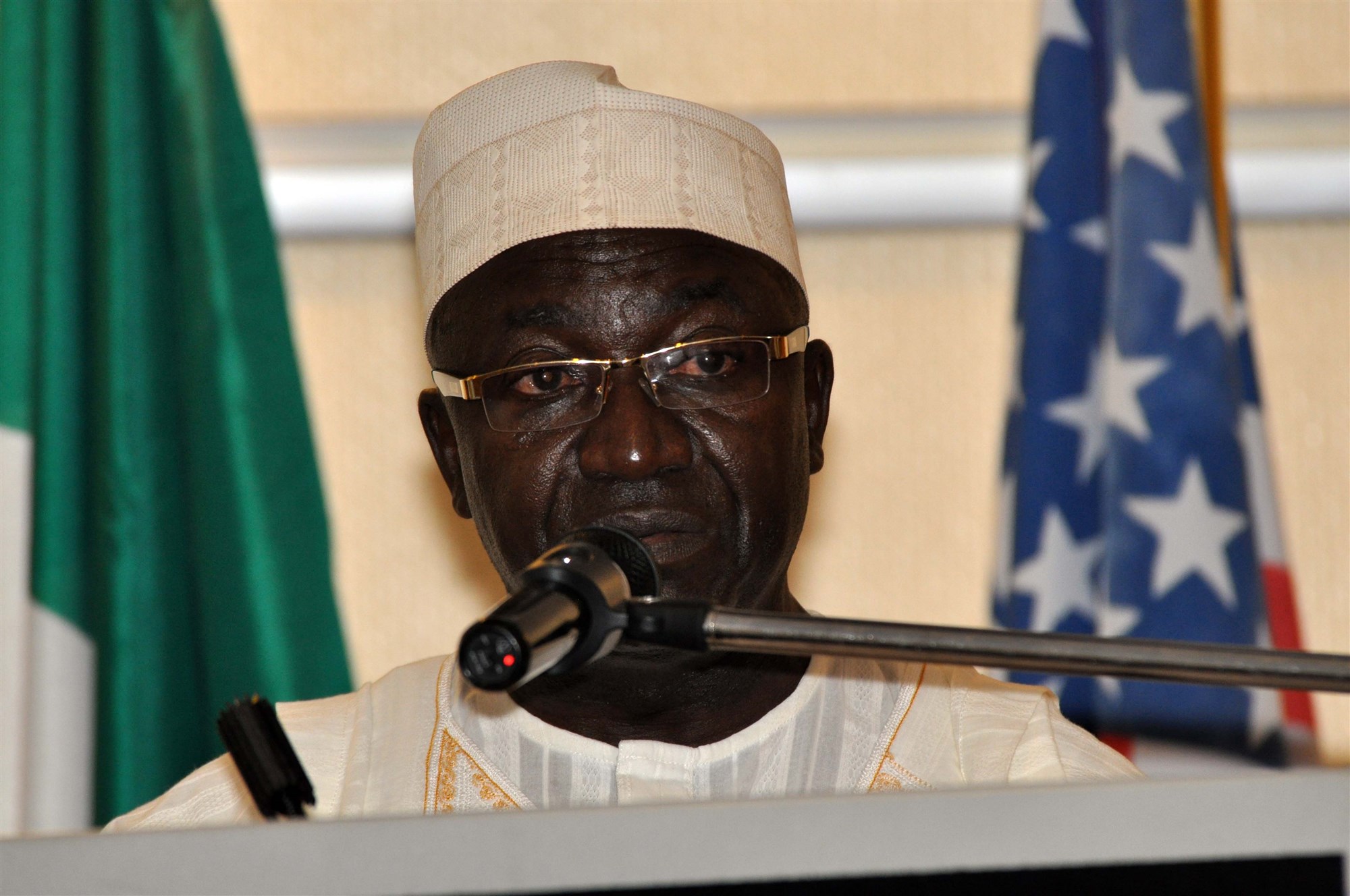 Daniel Gambo, deputy director of Nigeria’s National Emergency Management Agency (NEMA), delivers a closing speech during a ceremony marking the conclusion of the tabletop exercise to test Nigeria’s Disaster and Pandemic Response Plans in Abuja, Nigeria, November 22, 2013.  More than 100 disaster response experts from Nigeria, as well as observing countries including Burkina Faso, Ghana, Kenya, Senegal, and Uganda, participated in the tabletop exercise. The exercise was funded by U.S. Africa Command in collaboration with the U.S. Center for Disaster and Humanitarian Assistance Medicine (CDHAM).  (U.S. AFRICOM photo by Technical Sergeant Olufemi A. Owolabi/Released)