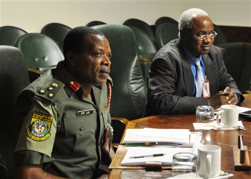 STUTTGART, Germany - Nigerian Brigadier General Hassan Lai (left), chief of staff for the Economic Community for West African States (ECOWAS), and Malian Brigadier General Toure, deputy executive secretary for political affairs, defense and security, ECOWAS, provide a briefing to U.S. Africa Command staff in Stuttgart, May 16, 2011. Lai and Toure discussed the mission and structure of ECOWAS, focusing specifically on the efforts of the ECOWAS Standby Force to mitigate the security crisis in Cote d'Ivoire. (U.S. AFRICOM photo by Danielle Skinner)