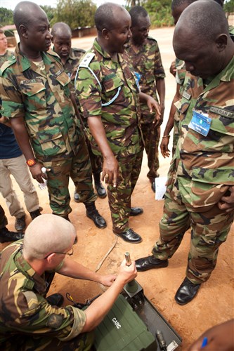 BANJUL, The Gambia - Kenyan Lieutenant Colonel Stanley Wairegi discusses operations of the radio antenna unit used to establish communications between Africa Endeavor's main site in The Gambia and a satellite site at the Economic Community of West African States headquarters in Nigeria with other delegates at Fajara Barracks, Banjul, The Gambia, July 13, 2011.  Africa Endeavor 2011 encompasses three different sites--the main site in The Gambia, the ECOWAS headquarters in Nigeria and the African Union headquarters in Addis Ababa, Ethiopia. (AE photo by Sergeant Daniel T. West)