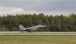 SIAULIAI, Lithuania &mdash; An F-15 deployed from Royal Air Force Lakenheath lands here in preparation for the U.S. Air Forces in Europe to assume the NATO Baltic air policing mission. The 493d Fighter Squadron deployed four F-15s. (Department of Defense photo by Air Force photo by Tech. Sgt. J. LaVoie)