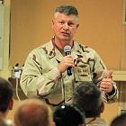 MCPON Rick West addresses more than 150 deployed Sailors during an all-hands call at WTP.