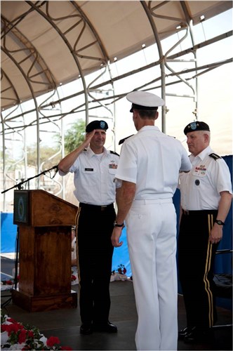 CAMP LEMONNIER, Djibouti, May 26, 2012 - U.S. Army Maj. Gen. Rob Baker assumes command of Combined Joint Task Force - Horn of Africa during a change of command ceremony here May 26. Baker relieved U.S. Navy Rear Adm. Michael Franken of command of CJTF-HOA during a change of command ceremony, presided over by U.S. Army Gen. Carter F. Ham, U.S. Africa Command commander. (U.S. Air Force photo by Staff Sgt. Andrew Caya)