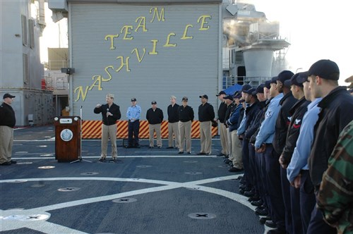 USS NASHVILLE, Rota, SPAIN - Vice Admiral Bruce W. Clingan, commander of U.S. 6th Fleet, addresses the crew of USS Nashville (LPD 13) during the ship's visit to Rota, Spain, January 28, 2009. Nashville is deployed as a part of(Africa Partnership Station)  APS, an international initiative developed by Naval Forces Europe and Naval Forces Africa, which aims to work cooperatively with U.S. and international partners to improve maritime safety and security in West and Central Africa. (U.S. Navy photo by Petty Officer 2nd Class David Holmes) 