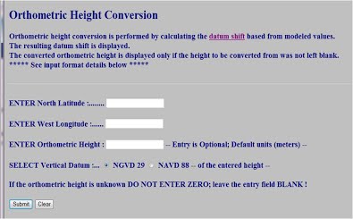 VERTCON Entry Screen with entry fields shown for Latitude, Longitude, Orthometric Height and Vertical Datum