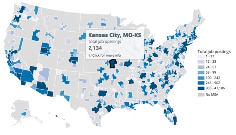 The CyberSeek interactive map allows the user to view information about cybersecurity supply and demand by state or metro area. The Kansas City area is highlighted. Credit: CyberSeek