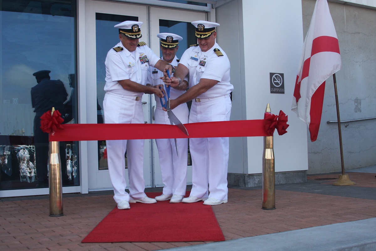 SAN DIEGO (September 22, 2016) Capt. Bill McKinley, Center for Surface Combat Systems commanding officer, Capt. E. Scott Pratt, Program Executive Office Littoral Combat Ship's (PEO LCS) Fleet Introduction and Sustainment program manager (PMS 505), and Capt. Ron Toland, Fleet Anti-Submarine Warfare Training Center's (FLEASWTRACEN) commanding officer cut the ribbon officially opening the new Littoral Combat Ship Training Facility (LTF), Building 3304, onboard Naval Base San Diego (NBSD).  U.S. Navy photo by Sonar Technician (Surface) 2nd Class Vaughn Hardge, Fleet Anti-Submarine Warfare Training Center / Released 