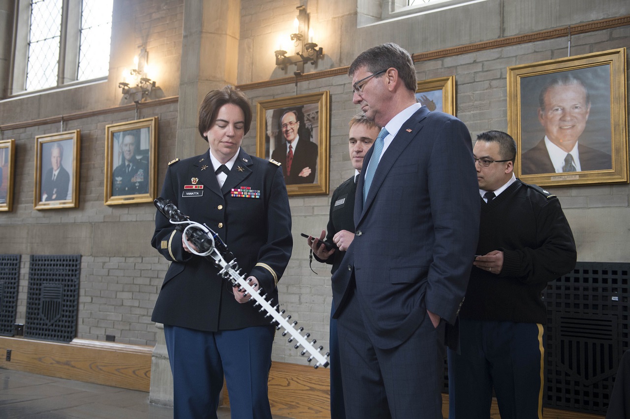 Defense Secretary Ash Carter is given a demonstration of a cyber rifle designed to shoot down drones during his visit to the U.S. Military Academy in West Point, N. Y., March 23, 2016. DoD photo by Petty Officer 1st Class Tim D. Godbee 