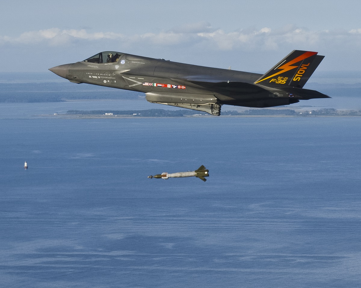 Official U.S. Navy file photo of an F-35B Lightning II conducting a test flight over the Atlantic Test Ranges near Naval Air Station Patuxent River, Maryland.