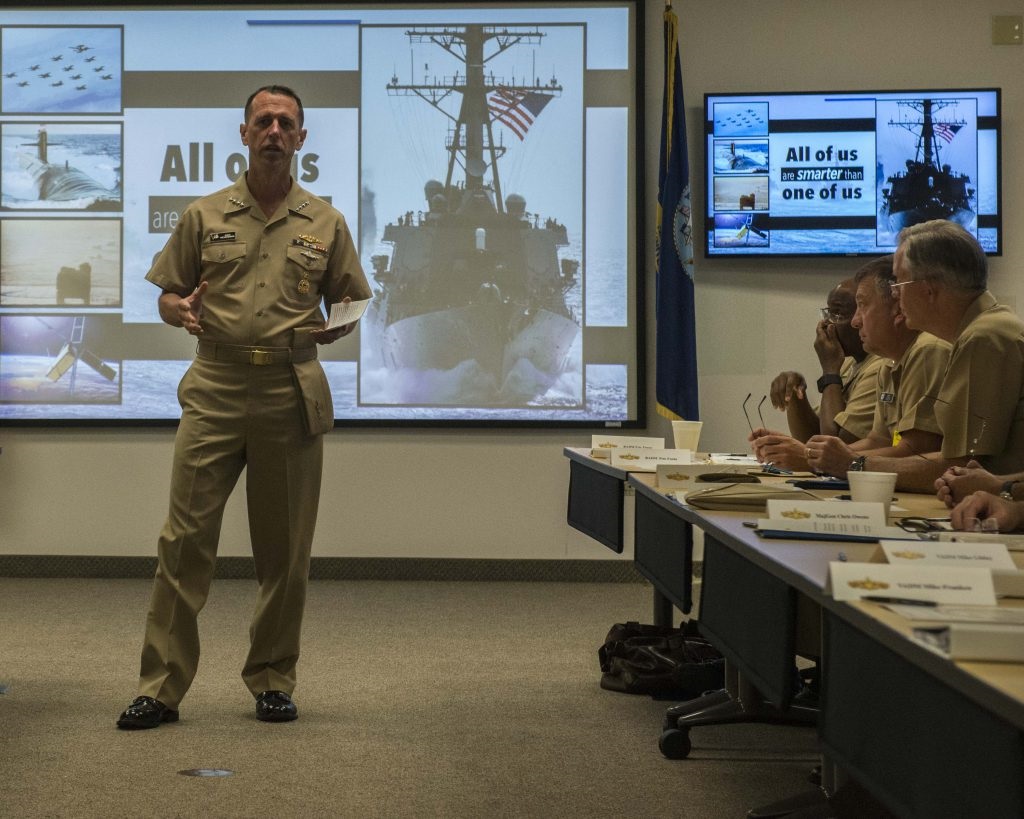 SAN DIEGO (Aug. 10, 2016) Chief of Naval Operations (CNO) Adm. John Richardson speaks at the annual Surface Warfare Flag Officers Training Symposium (SWFOTS).  U.S. Navy photo by Mass Communication Specialist 2nd Class Phil Ladouceur/Released 