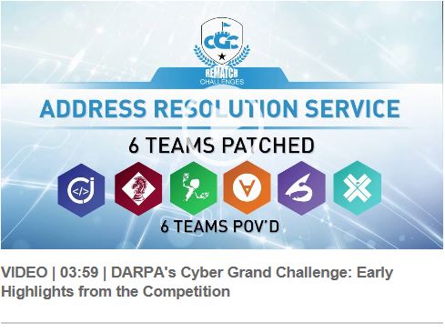 VIDEO | 03:59 | DARPA's Cyber Grand Challenge: <a href="https://youtu.be/WEDO2GgL20Q" alt='Link will open in a new window.' target='whole'>Early Highlights from the Competition</a>