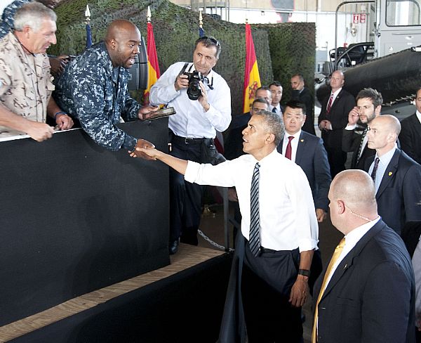 NAVAL STATION ROTA, Spain (July 10, 2016) President Barack Obama shakes hands with a Sailor after speaking to U.S. and Spanish service members along with their families during his visit to Naval Station Rota. During the president's visit, he met with base leadership, toured USS Ross (DDG 71) and spoke to service members and their families during an all hands call. Naval Station Rota enables and supports operations of U.S. and allied forces and provides quality services in support of the fleet, fighter, and family for Commander, Navy Installations Command in Navy Region Europe, Africa, Southwest Asia. U.S. Navy photo by Mass Communication Specialist 1st Class Brian Dietrick.