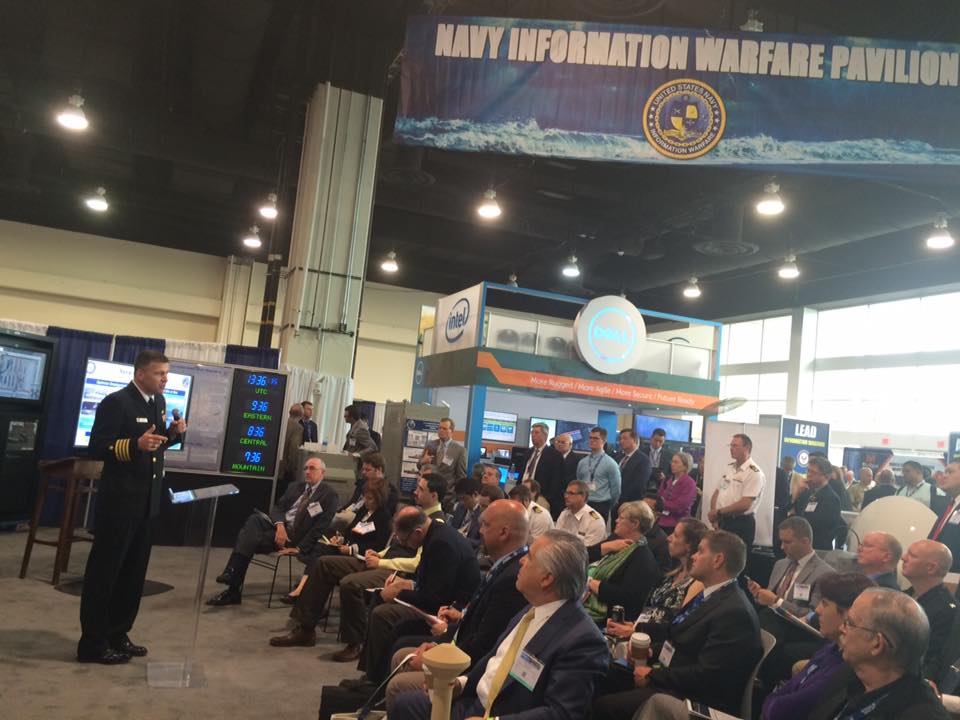 National Harbor, Md. (May 17, 2016) Oceanographer of the Navy Executive Assistant Capt. A.J. Reiss, Office of the Oceanographer of the Navy, outlines the Naval Oceanography Unmanned Systems Strategy to a packed house in the Navy Information Warfare Pavilion at Sea, Air and Space (SAS). SAS, sponsored by the U.S. Navy League, is the world's largest maritime exposition and provides a venue of interaction between the maritime defense industry and U.S and international military organizations.  U.S. Navy photo by Rick Naystatt/Released 



