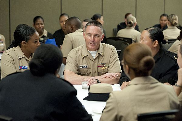 SAN DIEGO (June 12, 2015) Master Chief Petty Officer of the Navy (MCPON) Mike Stevens speaks to Sailors during the Joint Women's Leadership Symposium. Stevens spoke about the importance of leadership, mentorship, and setting the conditions for all Sailors to be successful. U.S. Navy photo by Mass Communication Specialist 1st Class Martin L. Carey.