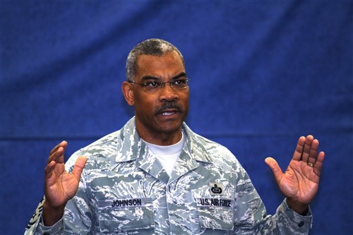 RAF Molesworth, United Kingdom - Chief Master Sergeant Jack Johnson Jr. shares his vision for the future with the enlisted force of the Intelligence and Knowledge Development Directorate-Molesworth at an all-hands call at Royal Air Force Molesworth on April 28, 2011.  (Photo by Melony Angelilli)