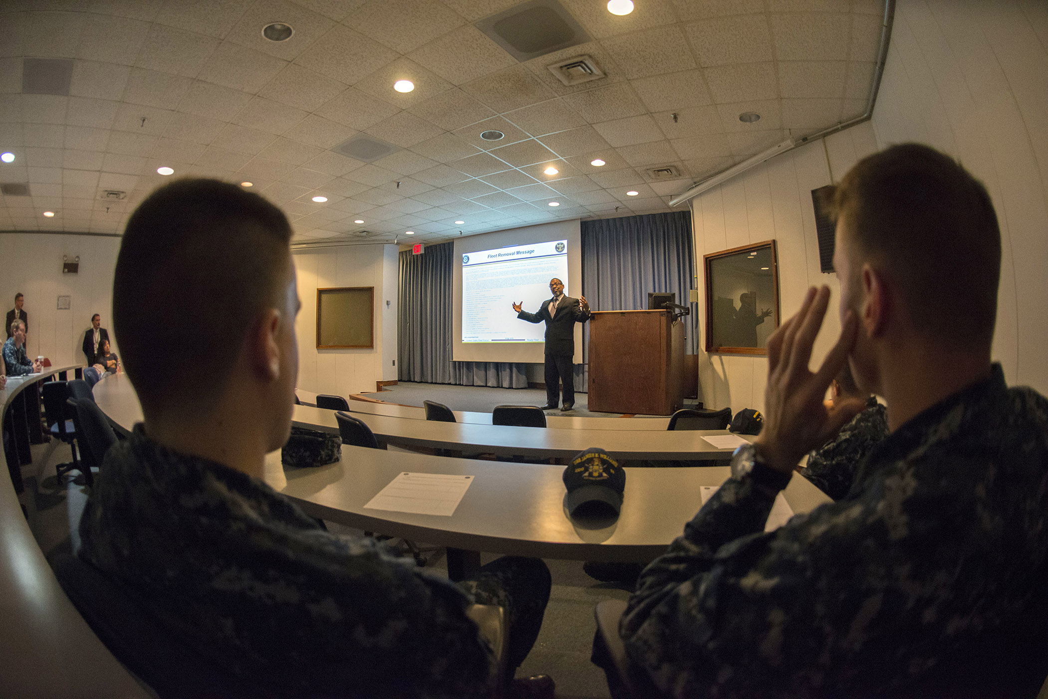 NORFOLK (April 18, 2016) -- Ken Brown, Fleet FAM/FAST team member offers instruction about Fleet Removal Messaging to officers, enlisted, government civilians, and contractors during the Fleet Waterfront Applications Workshop held April 18-20 on Norfolk Naval Station.  The Fleet Waterfront Applications Workshop hosted by Naval Information Forces (NAVIFOR) Fleet Functional Area Manager (FAM), provides training and best practices to the Fleet regarding shipboard network systems and applications.  U.S. Navy photo by Michael J. Morris