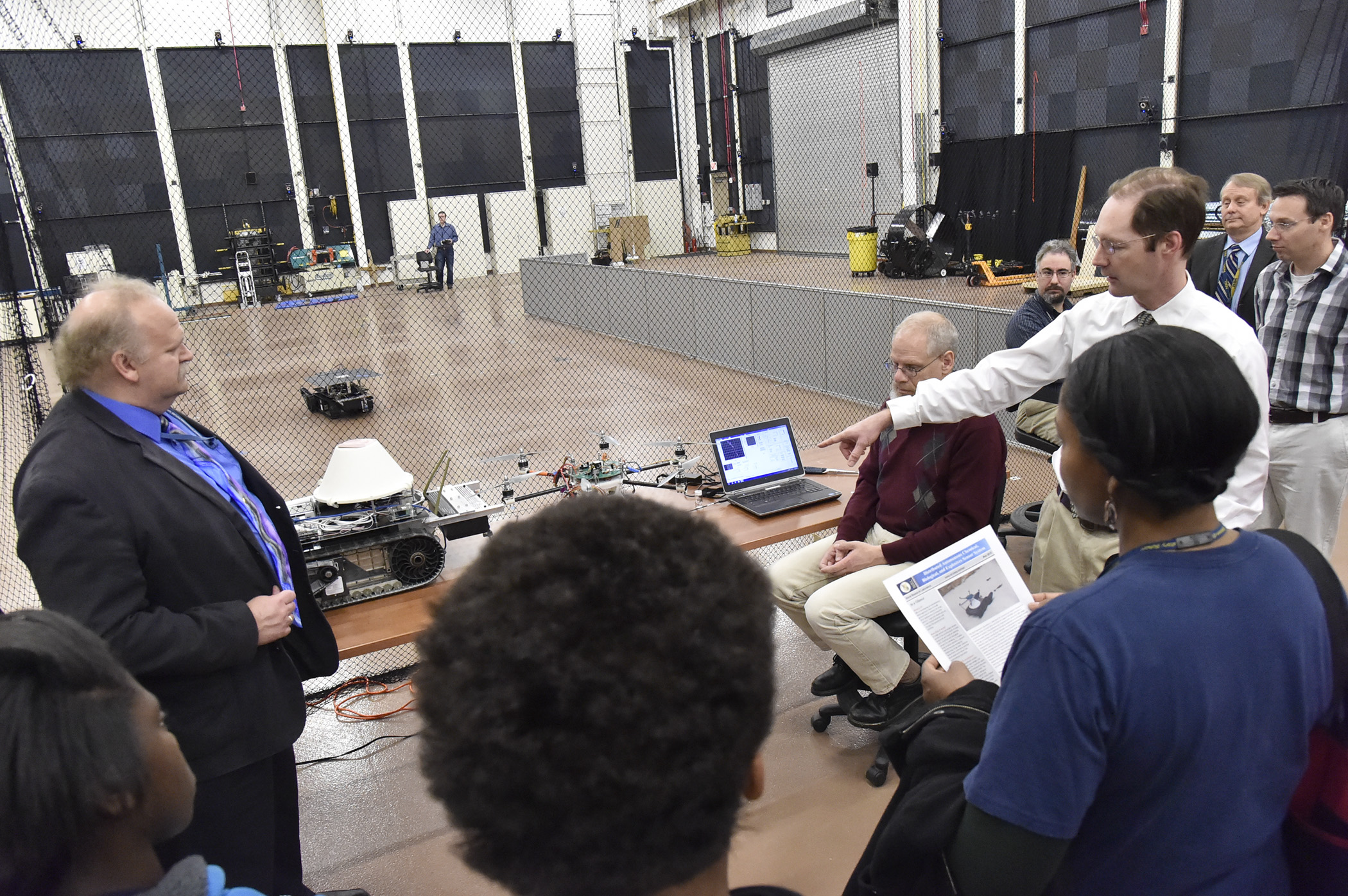 At NRL’s Laboratory for Autonomous Systems Research (LASR), students were shown some of the game-changing technologies developed at NRL such as artificial intelligence (AI) algorithms used in autonomous vehicles, GPS, satellites, and space robotics. The students visited the lab as participants in the National Lab Day, initiated by the White House to connect young people with national laboratories across the country and build on efforts to increase student exposure to science, technology, engineering, and math (STEM) and entrepreneurship programs. U.S. Naval Research Laboratory photo by Jamie Hartman.