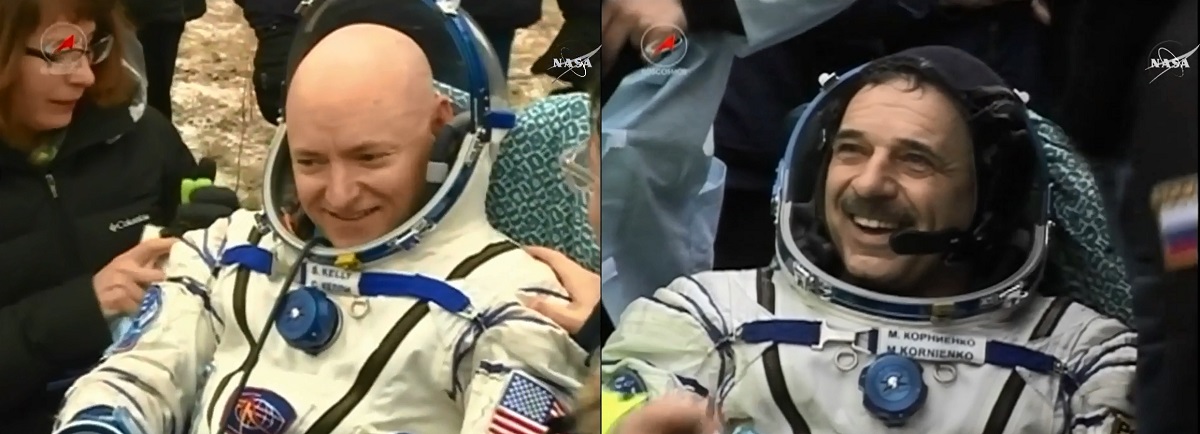 NASA astronaut and Expedition 46 Commander Scott Kelly and his Russian counterpart Mikhail Kornienko enjoy the cold fresh air back on Earth after their historic 340-day mission aboard the International Space Station. Credits: NASA TV