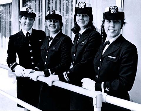 The first four Navy Women chosen for Flight Training Pose at Pensacola, Florida in March 1973. Lt. Barbara Allen became the first Navy woman to earn her wings on 22 February 1974. (left to right): Lt. j.g. Barbara Allen, Ensign Jane M. Skiles,  Lt. j.g. Judith A. Neuffer and Ensign Kathleen L. McNary.  The Naval flight officer program was opened to women six years later. NHHC Photograph Collection, NH 106751