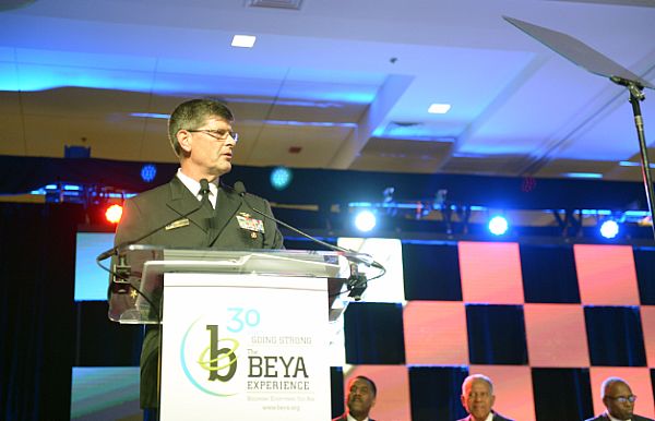 PHILADELPHIA, Pa. (Feb. 19, 2016) Vice Adm. Bill Moran, chief of Naval personnel, delivers remarks at the Stars and Stripes dinner to honor Black Engineer of the Year Award (BEYA) winners. The event was held at the 30th annual BEYA conference in Philadelphia, PA. U.S. Navy photo by Mass Communication Specialist 2nd Class Kathleen Church.