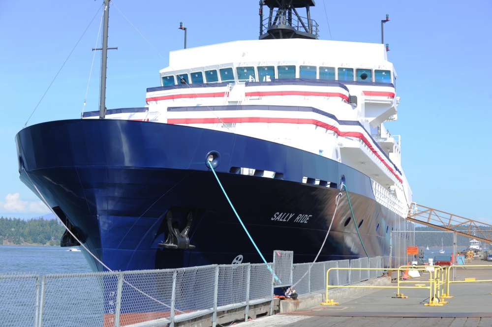 The Auxiliary General Purpose Oceanographic Research vessel R/V Sally Ride (AGOR 28) is prepared for a christening ceremony at Dakota Creek Industries, Inc. shipyard in Anacortes, Wash. R/V Sally Ride is the second in the Neil Armstrong-class of research vessels and features a modern suite of oceanographic and acoustic ocean mapping equipment. U.S. Navy photo by John F. Williams.