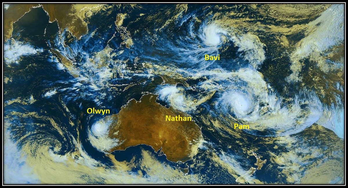 PACIFIC OCEAN (Feb. 1, 2016) Four named tropical cyclones existing simultaneously in JTWC s area of responsibility. From left to right, Tropical Cyclone Olwyn, Tropical Cyclone Nathan, Tropical Storm Bavi, Tropical Cyclone Pam. U.S. Navy graphic 