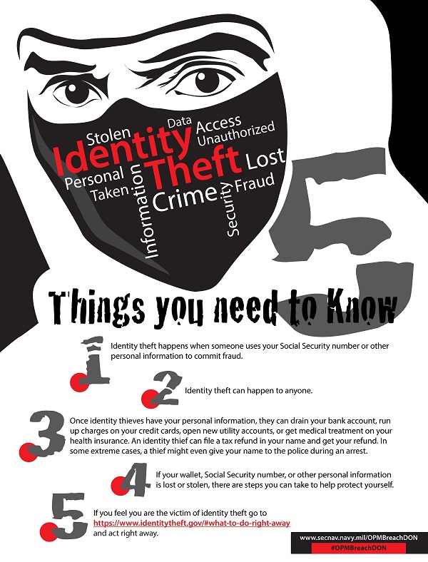 Identity Theft poster: 5 Things You Need to Know. U.S. Navy infograph