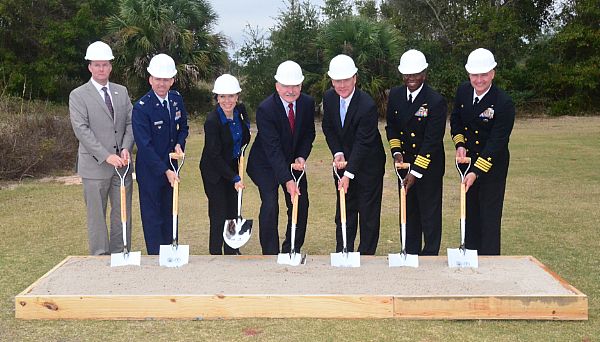 PENSACOLA, Fla. (Dec. 16, 2015) Military, government and industry officials break ground for Florida's largest solar energy project Dec. 16. (Left-right) Matt Hantzmon, COO of Coronal Development Services; Air Force Col. Matthew Higer, vice commander 96th Test Wing (Eglin Air Force Base); Miranda Ballentine, assistant secretary of the Air Force for installations, environment and energy; Dennis McGinn, assistant secretary of the Navy for energy, installations and environment; Stan Connally, Gulf Power president and CEO; NAS Pensacola Commanding Officer Capt. Keith Hoskins, and NAS Whiting Field Commanding Officer Capt. Todd Bahlau. U.S. Navy photo by Mike O'Connor. 