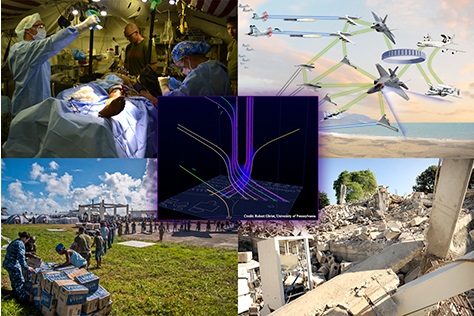 The photo illustration above shows mathematical sheaves (center) being used for sensor fusion and tracking. One of the goals of DARPA's Complex Adaptive System Composition and Design Environment (CASCADE) program is to leverage sheaf theory and similar mathematical techniques to enable formal fusion of broader classes of data and models. CASCADE could enable modeling and design of airborne system-of-systems concepts (top right) and advanced forward-deployed surgical capabilities (top left). The program could also help the Department of Defense fulfill its role of providing humanitarian assistance in response to a devastating earthquake, hurricane or other catastrophe, by developing comprehensive response models.