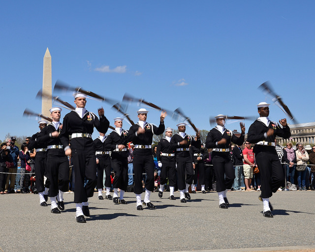 150411-N-ZA795-295 WASHINGTON (April 11, 2015)--Sailors assigned to the U.S. Navy Ceremonial Guard drill team perform during the annual Armed Forces Drill Competition at the Jefferson Memorial during the National Cherry Blossom Festival in Washington, D.C. (U.S. Navy photo by Mass Communication Specialist 1st Class Pedro A. Rodriguez/Released)