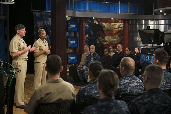 FORT MEADE, Md. (Feb. 3, 2015) Chief of Naval Personnel (CNP) Vice Adm. Bill Moran and Fleet Master Chief of Manpower, Personnel, Training and Education April Beldo speak to Sailors during a world-wide all-hands call at Defense Media Activity at Fort George G. Meade, Md. U.S. Navy photo by Mass Communication Specialist 2nd Class Jonathan Sunderman.