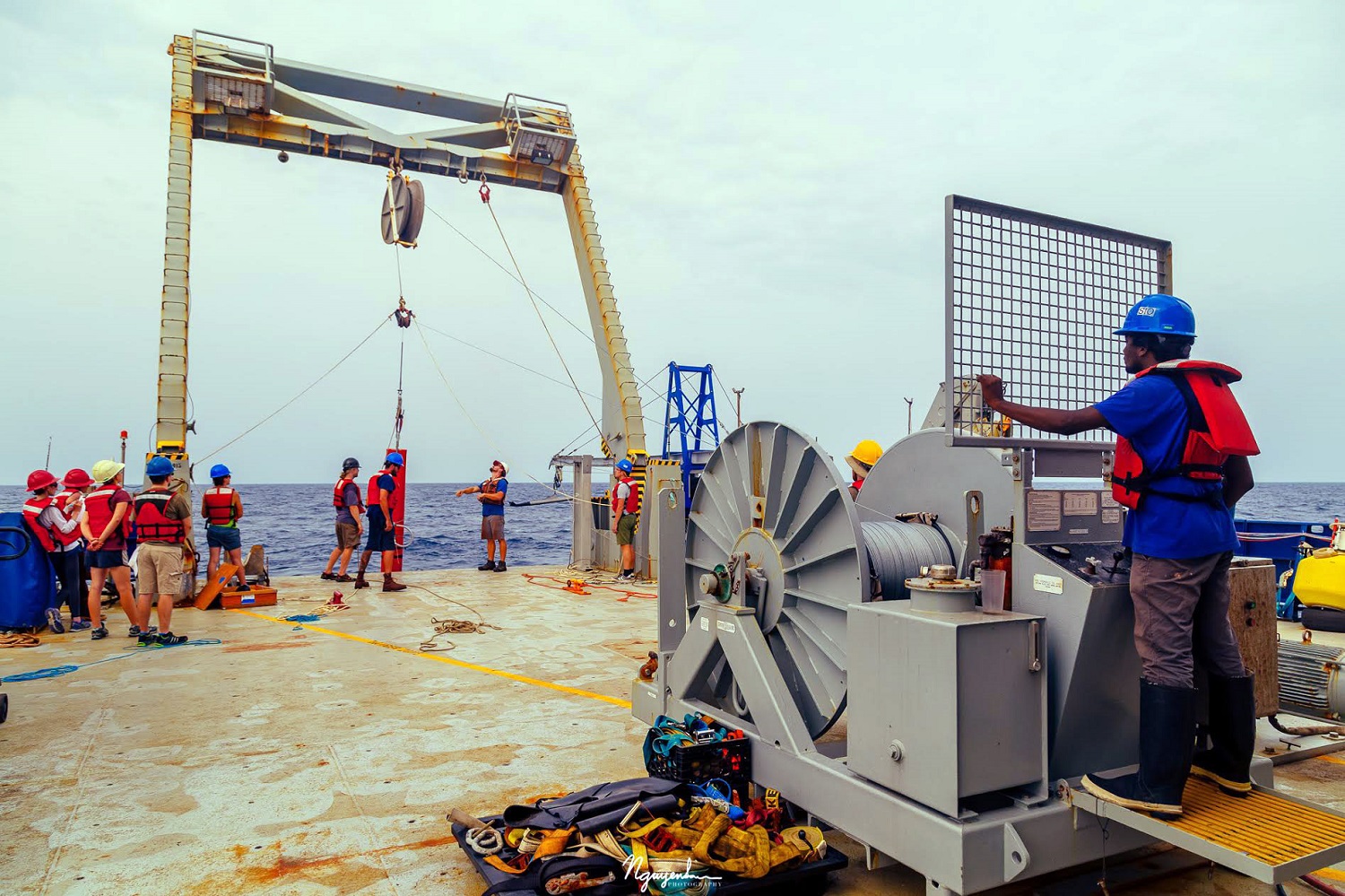 U.S. and Indian scientists aboard the research vessel R/V Roger Revelle deploy a drifting spar buoy to measure upper ocean density and velocity in the Bay of Bengal. The month-long, ONR-sponsored mission centered on monsoon prediction. Photo courtesy of the R/V Roger Revelle 