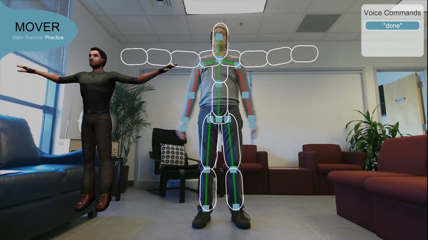 An ONR-supported researcher (right) tests the Mobile, Virtual Enhancements for Rehabilitation (MOVER) software system. MOVER provides traumatic brain injury patients with a way to engage in virtual physical therapy regimens at home. Photo courtesy of Charles River Analytics Inc.