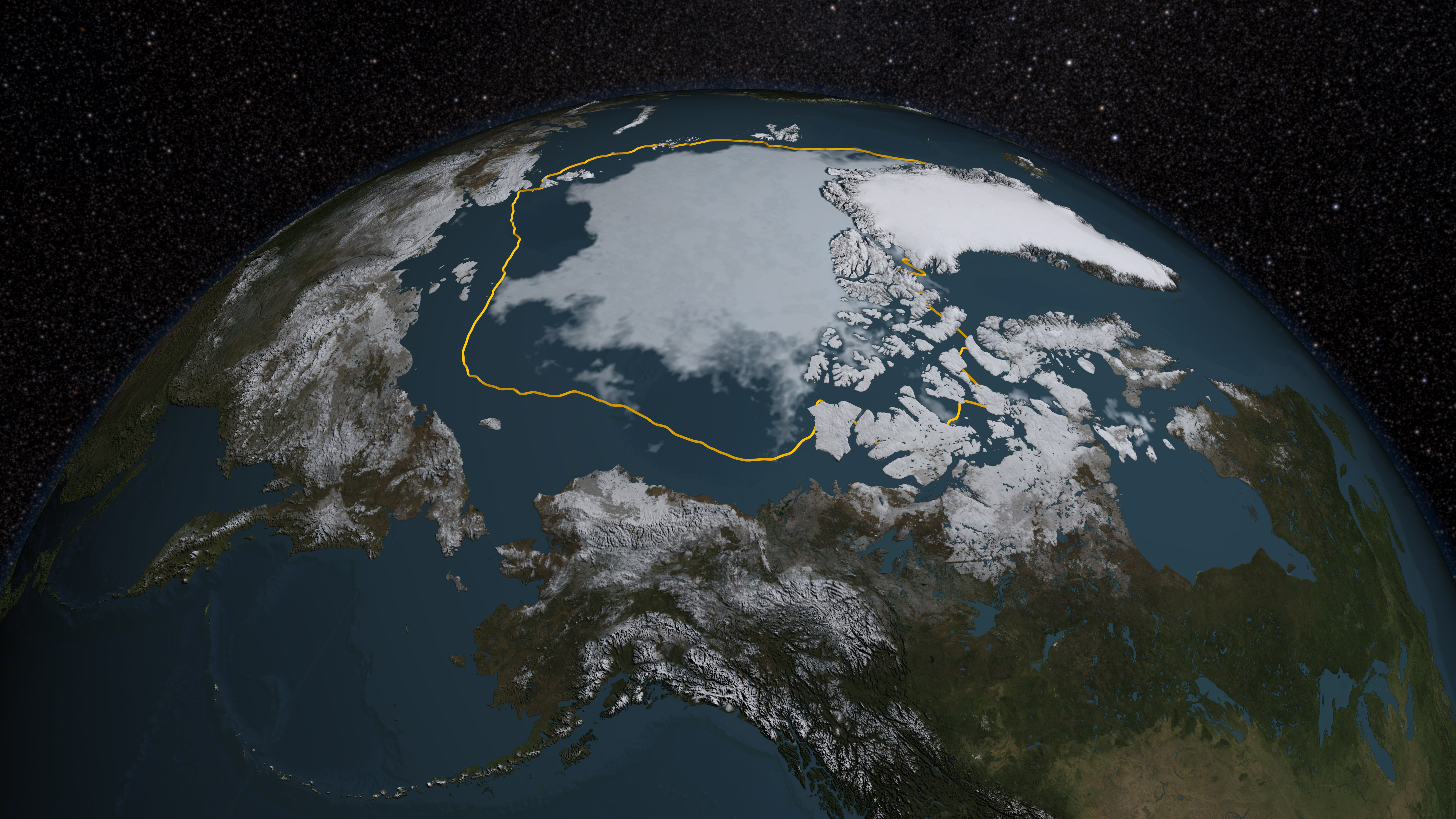 The  2015 Arctic sea ice summertime minimum is 699,000 square miles below the 1981-2010 average, shown here as a gold line. Image courtesy of NASA/Goddard Scientific Visualization.
