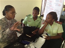 Sergeant Major Carolina D. Johnson, U.S. Army Africa equal opportunity sergeant major, shares her personal experiences and talks about some challenges facing women today in the U.S. Army to two female Botswana Defense Force officers during a Women’s Integration working group April 5 through 12. Currently, the BDF has approximately 100 female officers and now they want to broaden it with having enlisted females. The working groups helped identify some of the challenges and opportunities with women integration while helping to mitigate any issues that may occur. Even though the idea to integrate women will be a slow process, Johnson said she was humbled to have an opportunity to be a part of the working groups. (U.S. Army Africa photo)