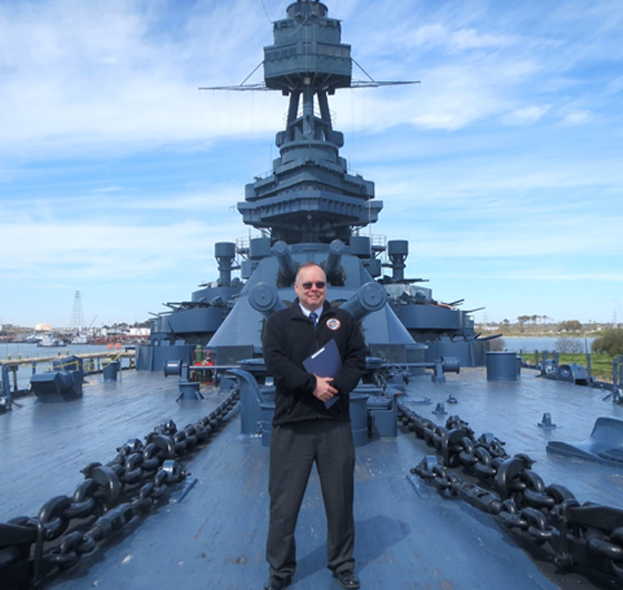 Director of Naval History and Heritage Command, Rear Adm. (Ret) Sam Cox, aboard the historic USS Texas(BB-35).