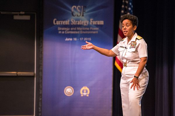 Newport, R.I. (June 16, 2015) Vice Chief of Naval Operations (VCNO) Adm. Michelle Howard speaks to attendees during the 2015 Current Strategy Forum, hosted by the U.S. Naval War College (NWC), Newport, Rhode Island. As NWC's capstone event, the two-day forum brings together students and distinguished guests to explore issues of strategic national importance. This year's theme, Strategic and Maritime Power in a Contested Environment, focused on the critical problems affecting our nation's security and well-being. U.S. Navy photo by John P. Stone.