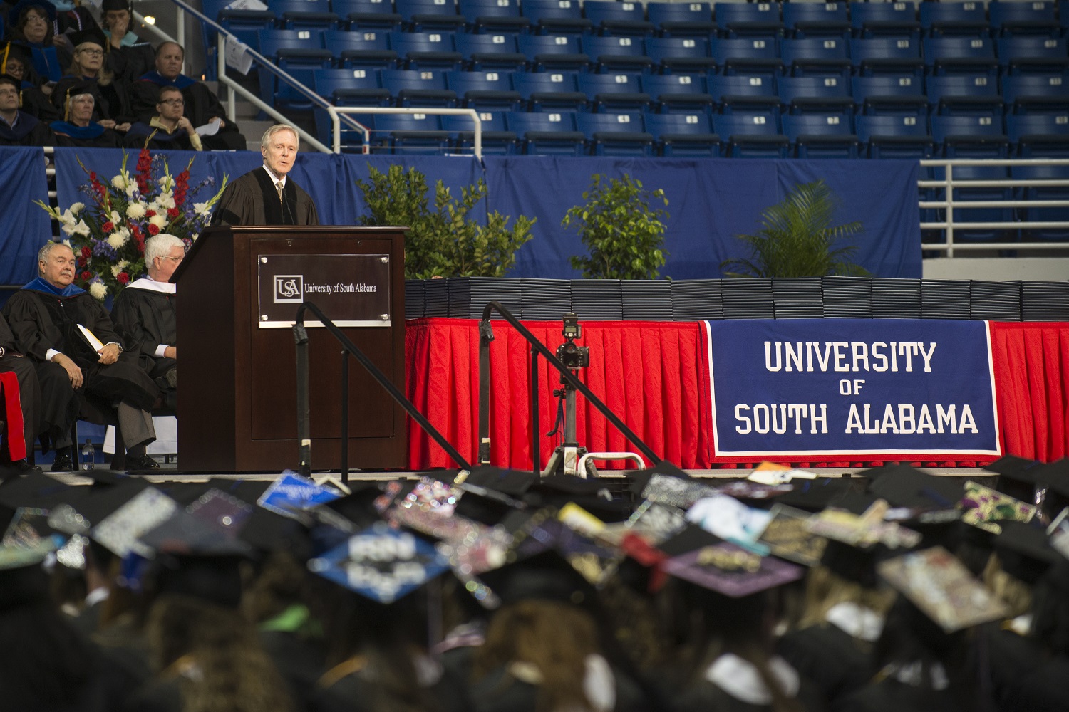 MOBILE, Ala. (May 9, 2015) Secretary of the Navy (SECNAV) Ray Mabus delivers remarks during the afternoon graduation ceremony for the University of South Alabama class of 2015. During his remarks, Mabus challenged the graduates to seek out ways to serve their country. U.S. Navy photo by Mass Communication Specialist 2nd Class Armando Gonzales.