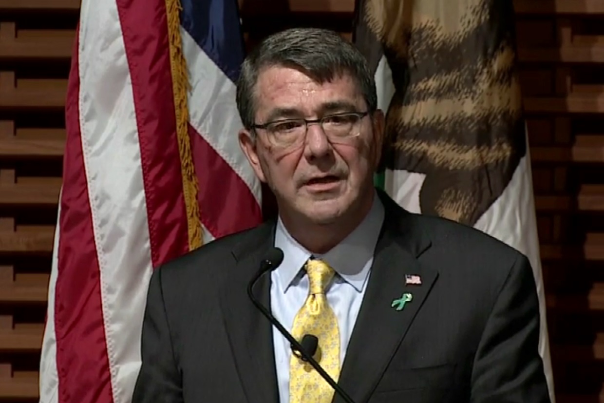 Defense Secretary Ash Carter delivers a lecture titled "Rewiring the Pentagon: Charting a New Path on Innovation and Cybersecurity" at Stanford University in California, April 23, 2015. The lecture highlighted the Pentagon's new cyber strategy and innovation initiatives. DoD screen shot  
