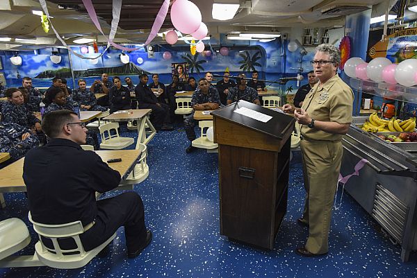 PEARL HARBOR (March 30, 2015) Master Chief Terri Carroll-Gillis, command master chief of U.S. Pacific Fleet Staff, speaks with Sailors during a Women's History Month celebration aboard the Arleigh Burke-class guided-missile destroyer USS Hopper (DDG 70). Hopper's multicultural committee coordinated the event to celebrate women who inspire innovation through imagination. U.S. Navy photo by Mass Communication Specialist 2nd Class Brian M. Wilbur.