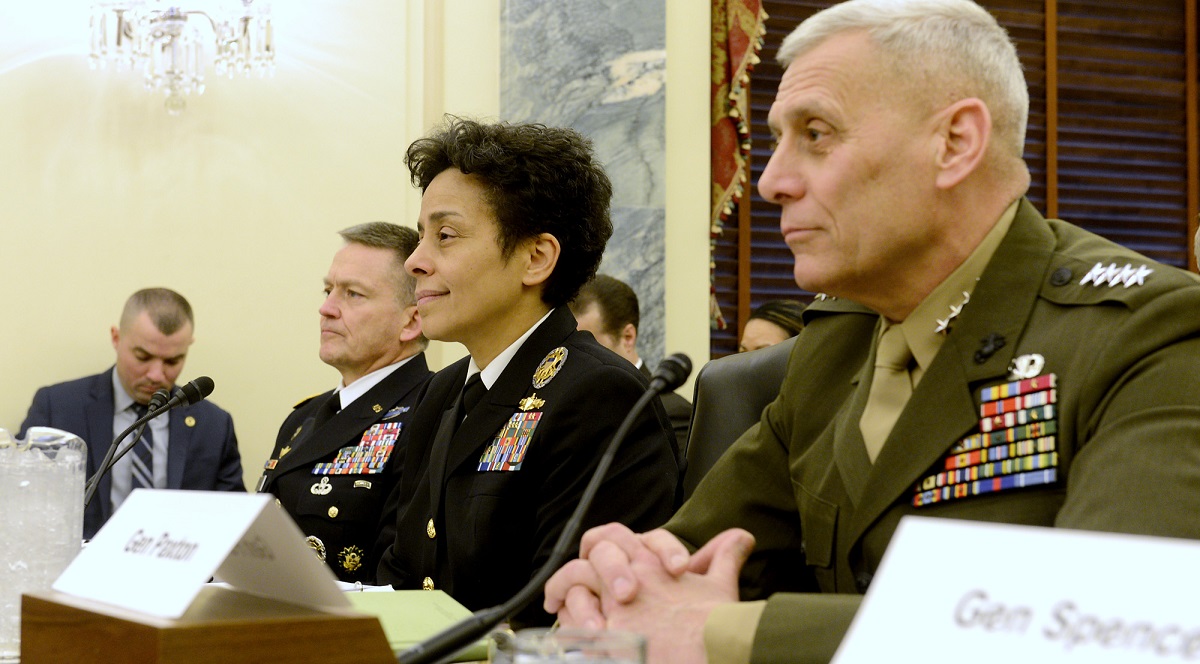 WASHINGTON (March 25, 2015) Vice Chief of Naval Operations (VCNO) Adm. Michelle J. Howard speaks with a Senate staffer before giving testimony before the Senate Armed Services Committee hearing on current readiness. Howard testified with Vice Chief of Staff Gen. Daniel B. Allyn, Assistant Commandant of the Marine Corps Gen. John M. Paxton Jr., and Air Force Vice Chief of Staff Gen. Larry O. Spencer. U.S. Air Force photo by Scott M. Ash.