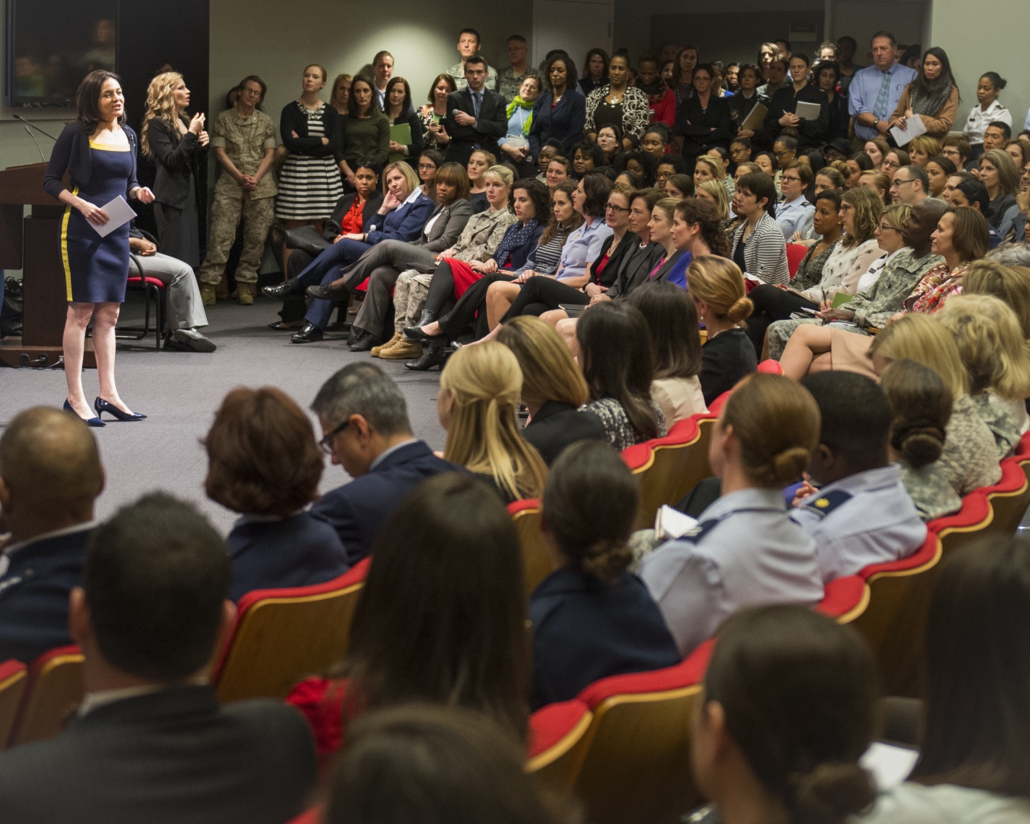 Sheryl Sandberg, founder of Lean In, speaks at the Pentagon April 9, 2015. Sandberg spoke about how diverse leadership teams make better decisions. U.S. Army photo by Staff Sgt. Chuck Burden