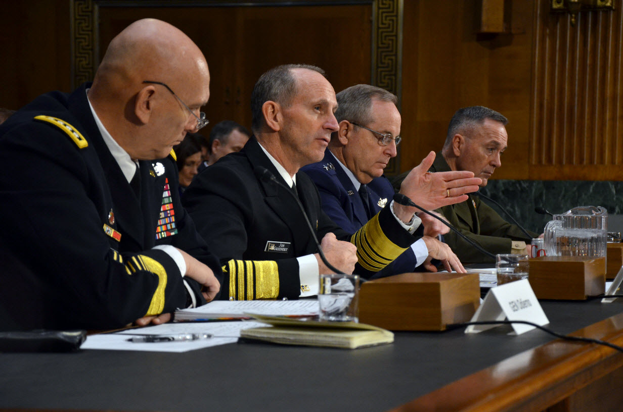 WASHINGTON (Jan. 28, 2015) Chief of Naval Operations (CNO) Adm. Jonathan Greenert, center left, testifies before the Senate Armed Services Committee. Greenert, along with other service chiefs, Chief of Staff of the Army Gen. Raymond T. Odierno, left; Chief of Staff of the Air Force Gen. Mark A. Welsh III, center right; and Commandant of the Marine Corps Gen. Joseph F. Dunford, Jr., testified on the impact of the Budget Control Act of 2011 and sequestration on national security. U.S. Navy photo by Chief Mass Communication Specialist Julianne F. Metzger.