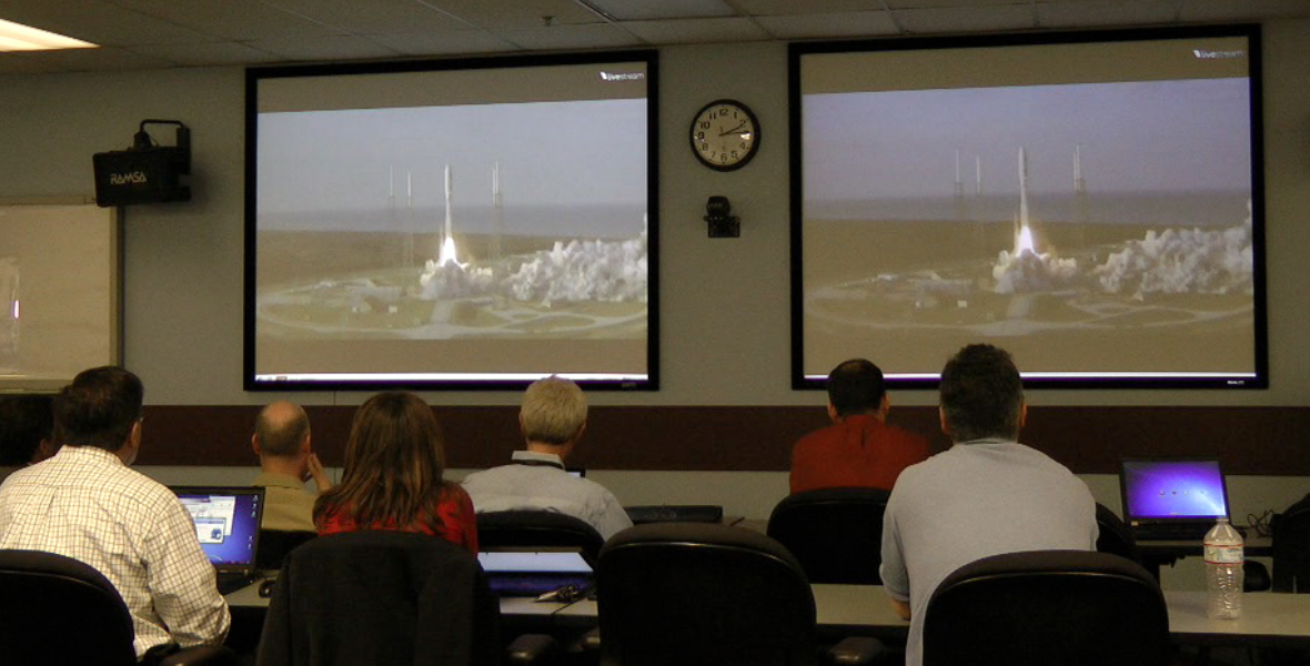 SAN DIEGO (Feb.24, 2012) Space and Naval Warfare Systems Command (SPAWAR), Program Executive Office for Space Systems (PEO Space) and PMW-146 personnel watch the launch of the Navy's first Mobile User Objective System (MUOS) satellite at Cape Canaveral Air Force Base live from San Diego. MUOS is a next-generation narrowband tactical communications system designed to improve communications for U.S. forces. U.S. Navy photo by Rick Naystatt.