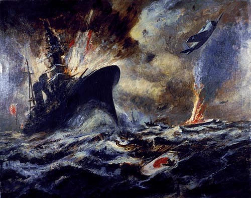 Description: Painting, Oil on Canvas; by Robert Benny; 1943; Framed Dimensions 37H X 45W Accession #: 88-159-AL A month after striking in the Coral Sea, the Japanese launched an all-out assault against Midway Island in what was obviously intended as the first step of a grand attack upon Hawaii and continental United States. The Navy was ready, and the heroic pilots from naval aircraft carriers inflicted a major sea defeat upon two great converging forces northwest of Midway. The enemy lost four aircraft carriers, at least two heavy cruisers, and a number of light cruisers, destroyers and transport - all by aerial attack. The artist here depicts a withering attack upon a Japanese cruiser by Navy dive-bombers with a fighter escort. Naval History and Heritage Command collection.